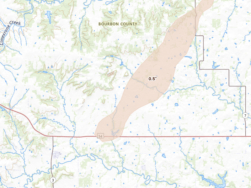 Radar-estimated hail-size map of the storm over Redfield, KS on Mar 6, 2026