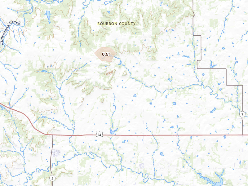 Radar-estimated hail-size map of the storm over Redfield, KS on Apr 17, 2026