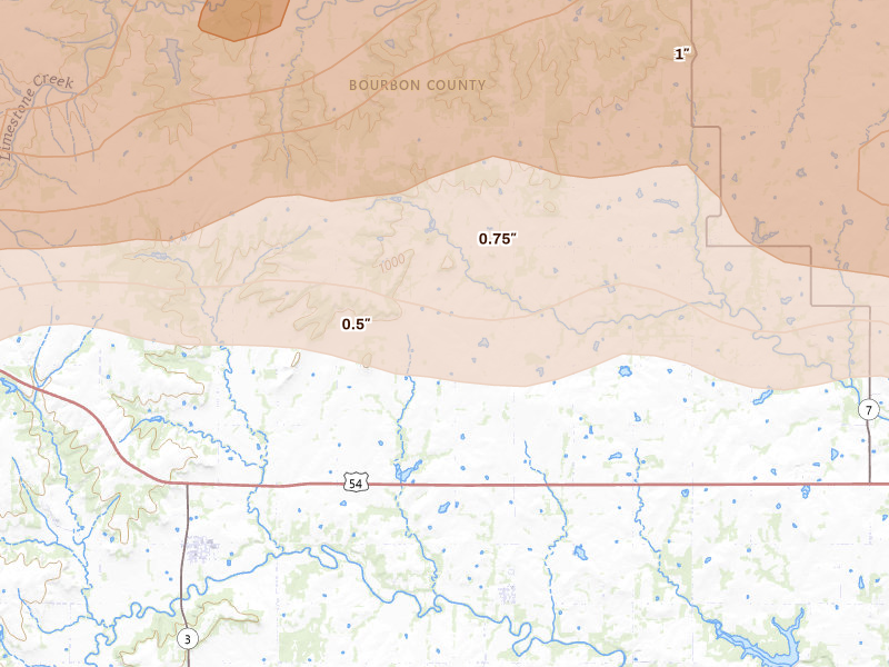 Radar-estimated hail-size map of the storm over Redfield, KS on Apr 26, 2026