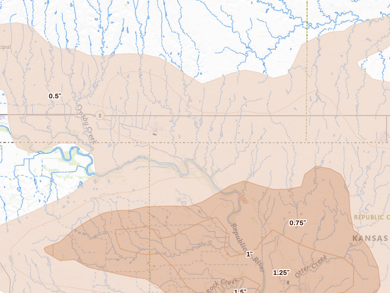 Radar-estimated hail-size map of the storm over Republic, KS on Apr 9, 2026