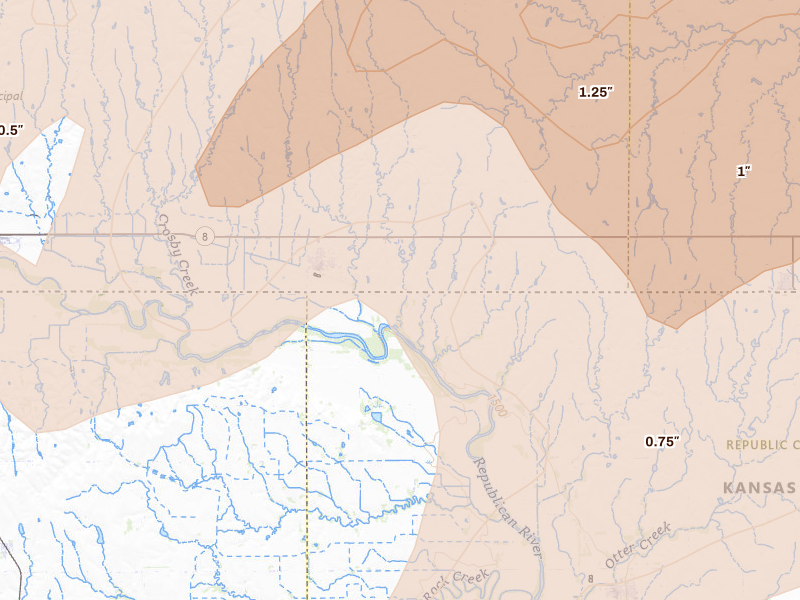 Radar-estimated hail-size map of the storm over Republic, KS on May 17, 2026