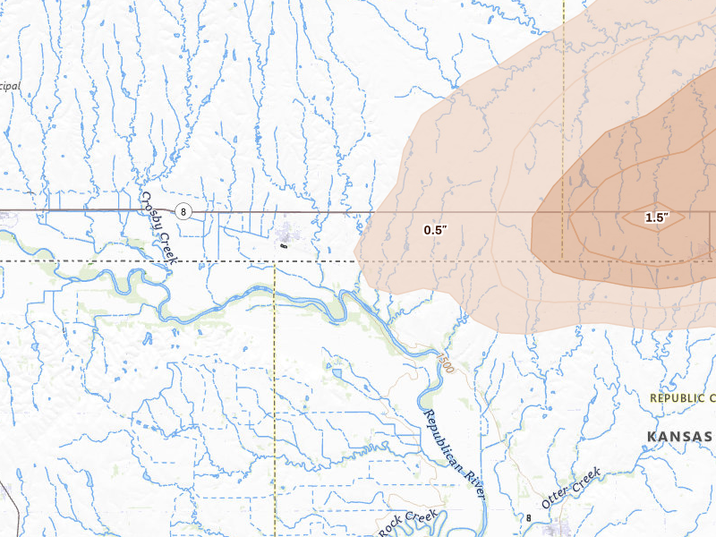 Radar-estimated hail-size map of the storm over Republic, KS on Jul 3, 2026