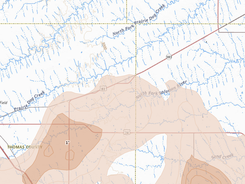 Radar-estimated hail-size map of the storm over Rexford, KS on May 16, 2026