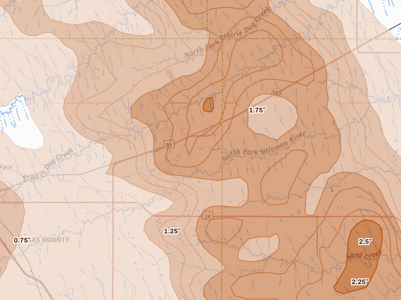 Radar-estimated hail-size map of the storm over Rexford, KS on Jun 20, 2026