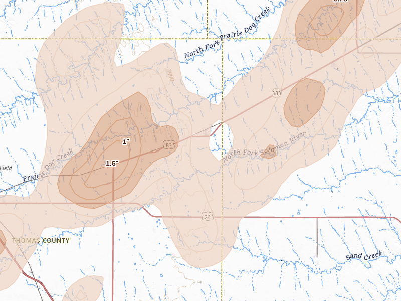 Radar-estimated hail-size map of the storm over Rexford, KS on Jul 1, 2026