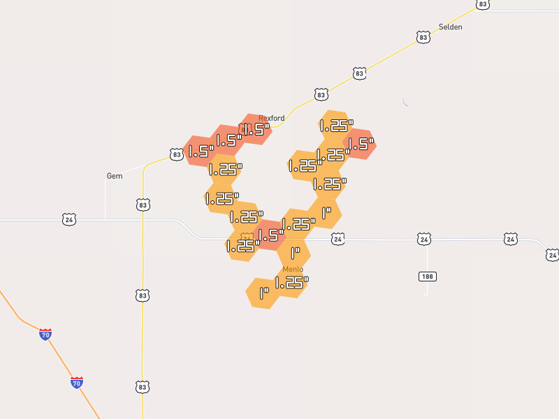 Hail map of Rexford, KS on Jul 2, 2026, hail up to 1.5"