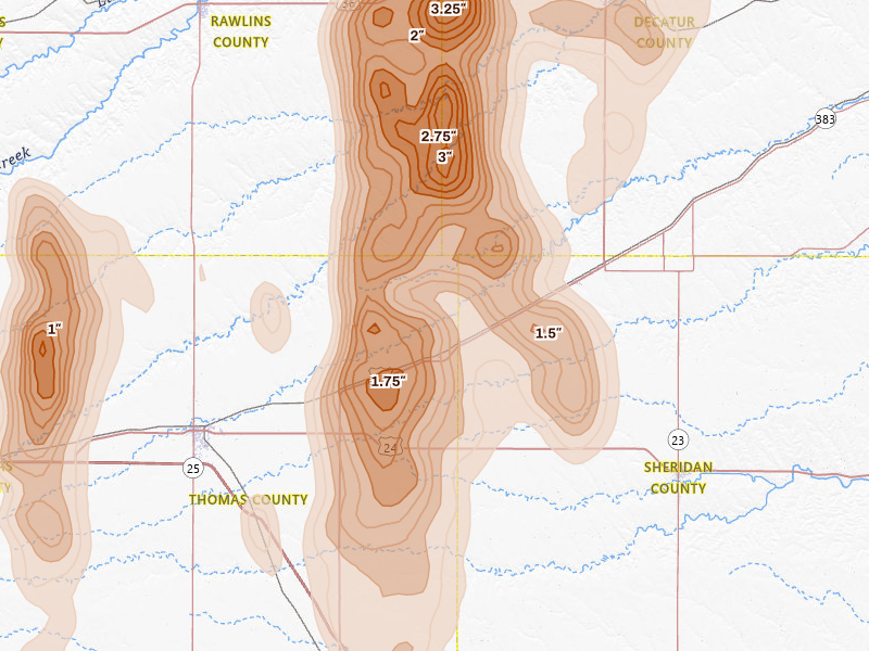 Radar-estimated hail-size map of the storm over Rexford, KS on Aug 20, 2026