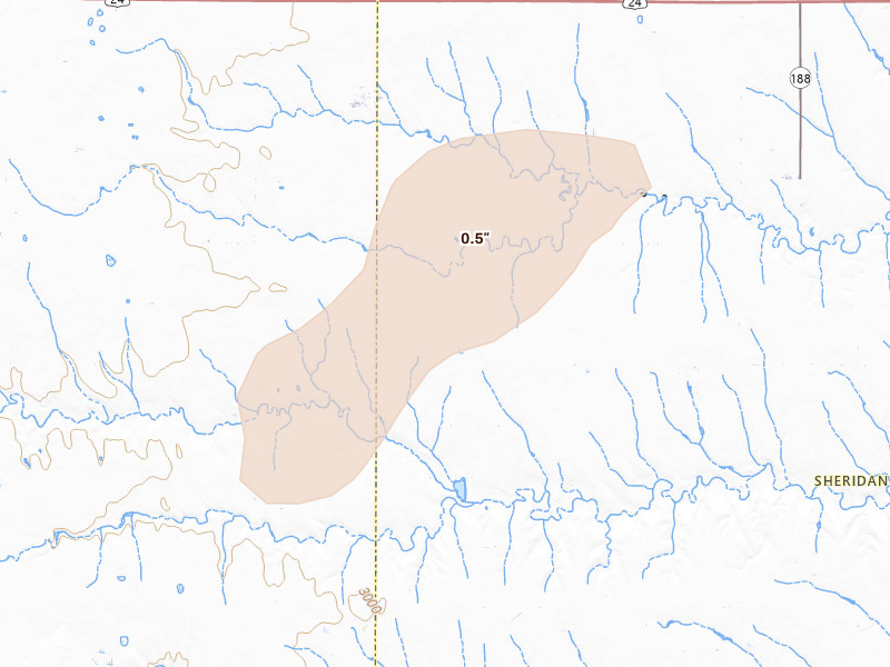 Radar-estimated hail-size map of the storm over Rexford, KS on Aug 30, 2026