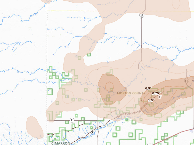 Radar-estimated hail-size map of the storm over Richfield, KS on Jun 1, 2026