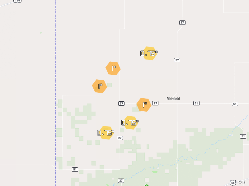 Hail map of Richfield, KS on Jun 1, 2026, hail up to 1"