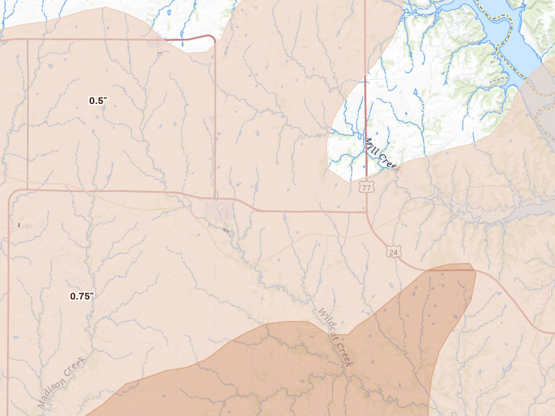 Radar-estimated hail-size map of the storm over Riley, KS on May 18, 2026
