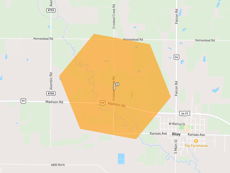 Hail map of Riley, KS on Jun 4, 2026, hail up to 1"