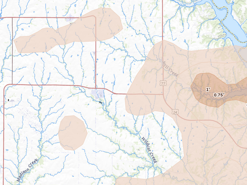 Radar-estimated hail-size map of the storm over Riley, KS on Jun 8, 2026