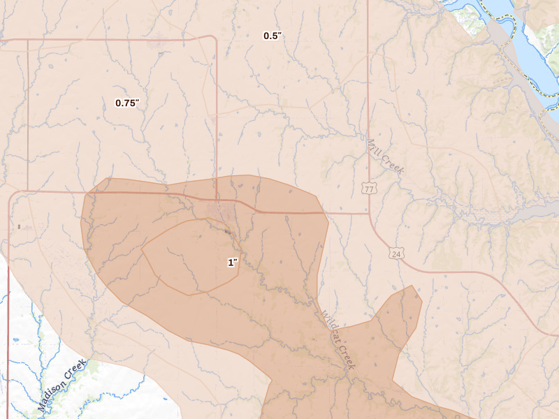 Radar-estimated hail-size map of the storm over Riley, KS