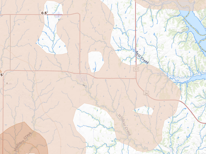 Radar-estimated hail-size map of the storm over Riley, KS on Aug 6, 2026