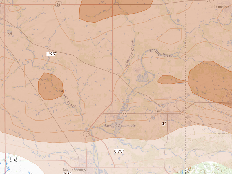 Radar-estimated hail-size map of the storm over Riverton, KS on Apr 26, 2026