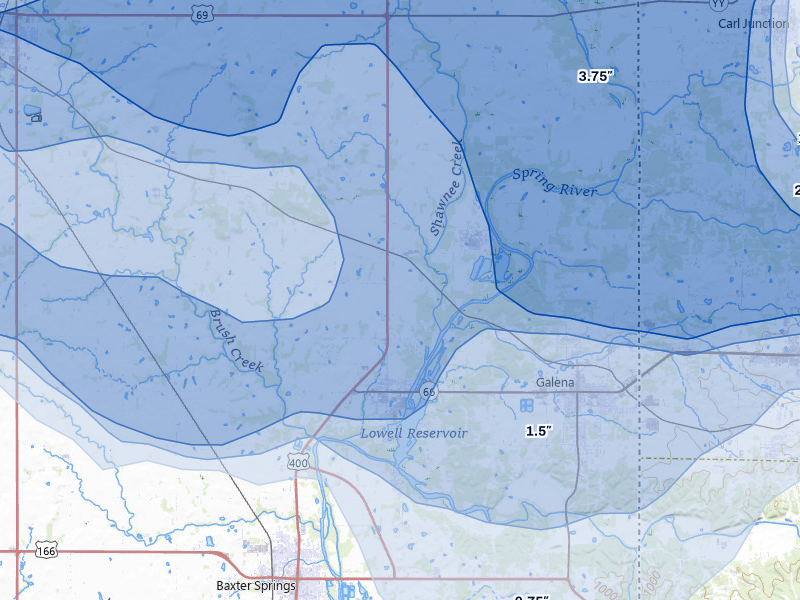 NEXRAD radar-signature map of the hail over Riverton, KS
