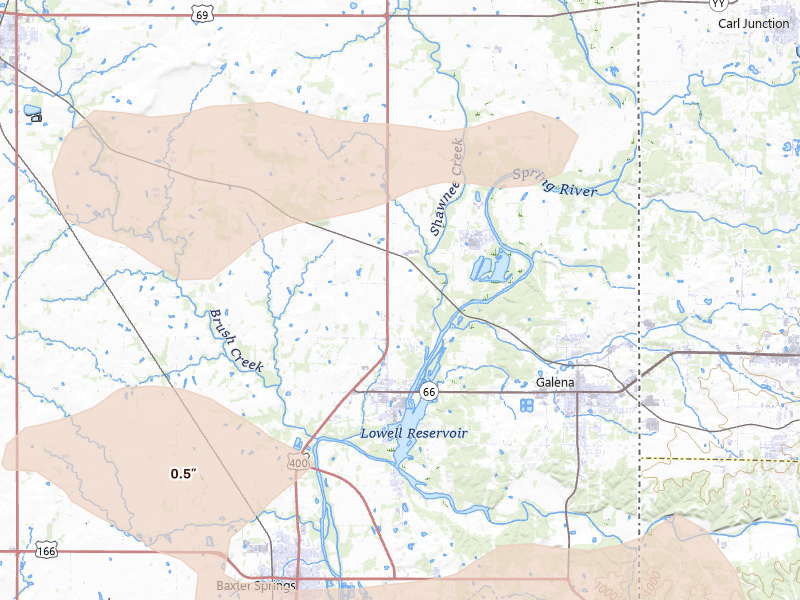 Radar-estimated hail-size map of the storm over Riverton, KS on Jun 7, 2026