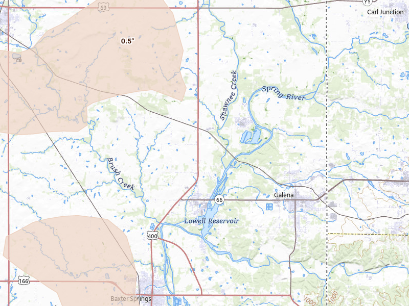 Radar-estimated hail-size map of the storm over Riverton, KS on Jun 26, 2026