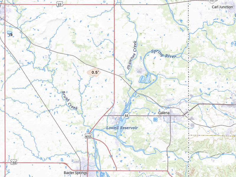 Radar-estimated hail-size map of the storm over Riverton, KS on Jul 29, 2026