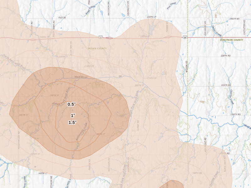 Radar-estimated hail-size map of the storm over Robinson, KS on Sep 19, 2026