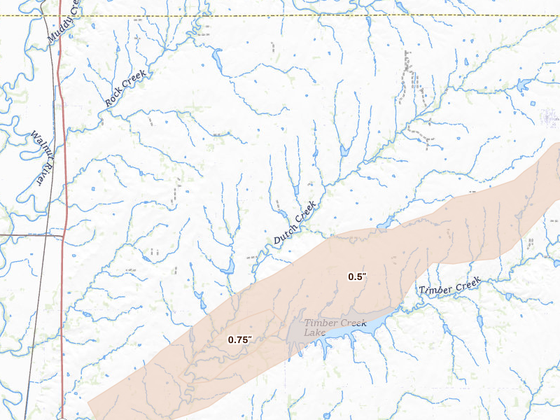 Radar-estimated hail-size map of the storm over Rock, KS on Apr 3, 2026