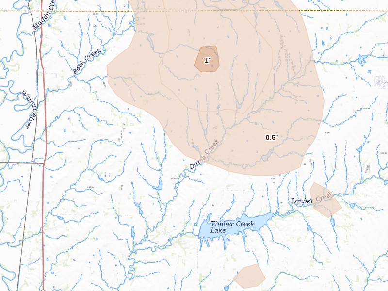 Radar-estimated hail-size map of the storm over Rock, KS on Jun 25, 2026