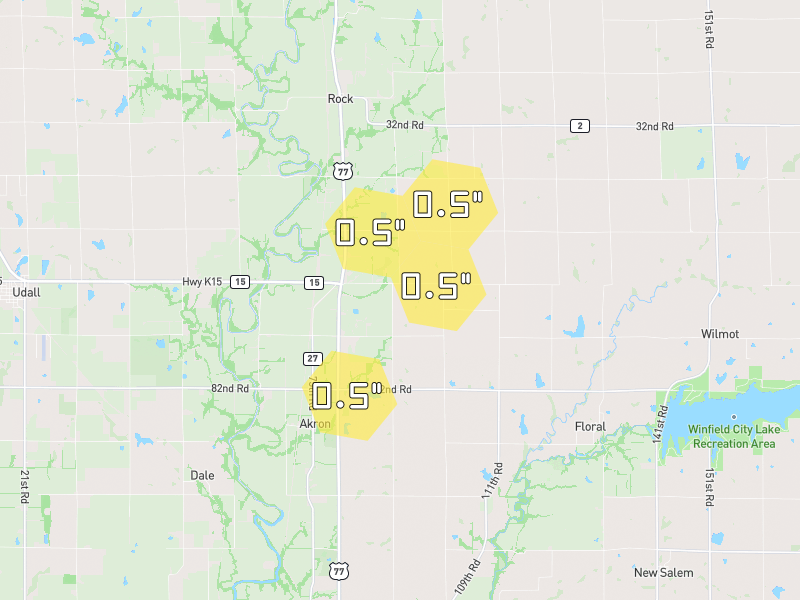 Hail map of Rock, KS on Jul 4, 2026, hail up to 0.5"