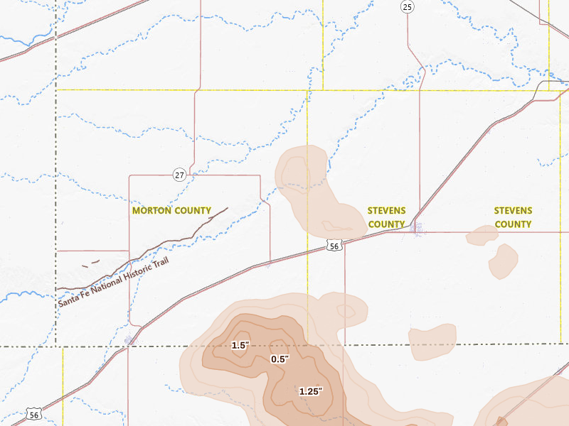Radar-estimated hail-size map of the storm over Rolla, KS on Jul 3, 2026