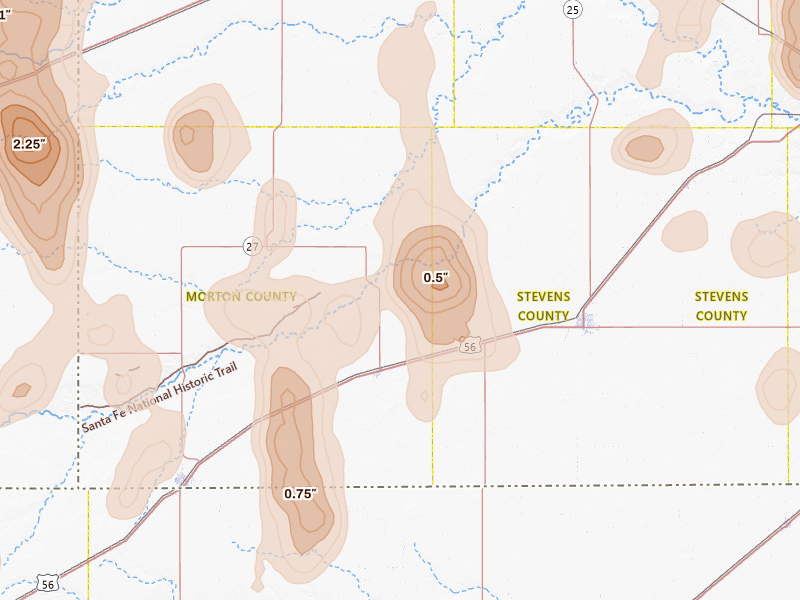 Radar-estimated hail-size map of the storm over Rolla, KS on Aug 15, 2026