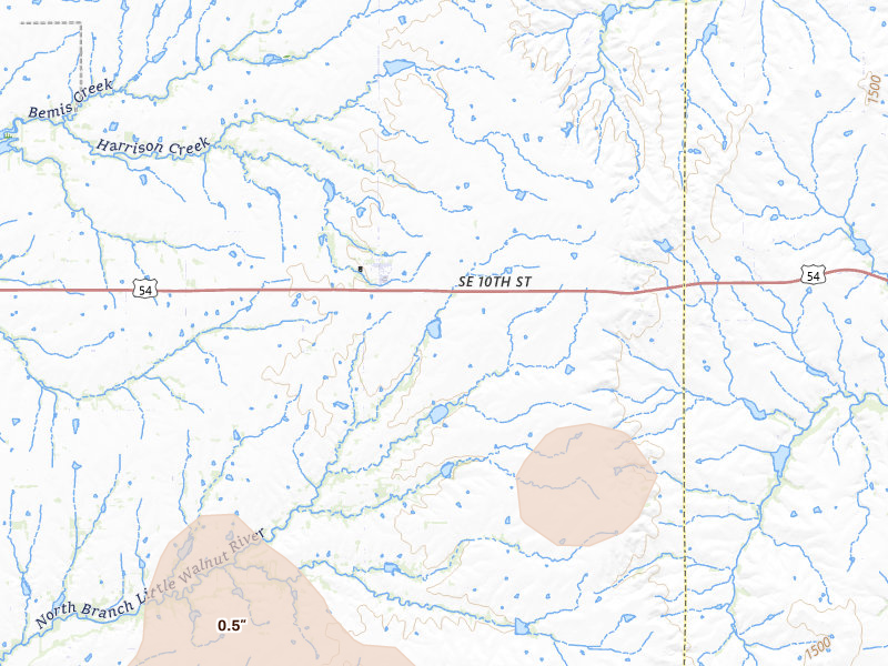 Radar-estimated hail-size map of the storm over Rosalia, KS on Apr 17, 2026