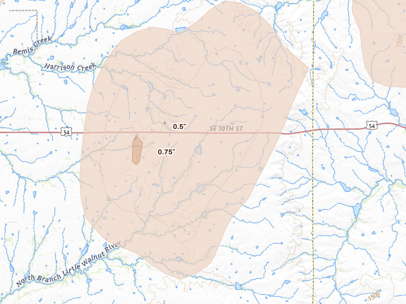 Radar-estimated hail-size map of the storm over Rosalia, KS on May 30, 2026