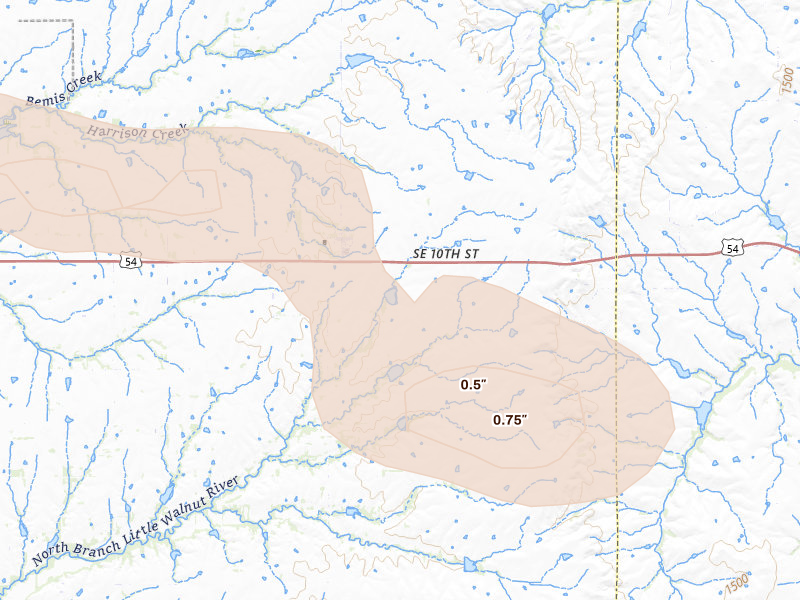 Radar-estimated hail-size map of the storm over Rosalia, KS on Jun 17, 2026