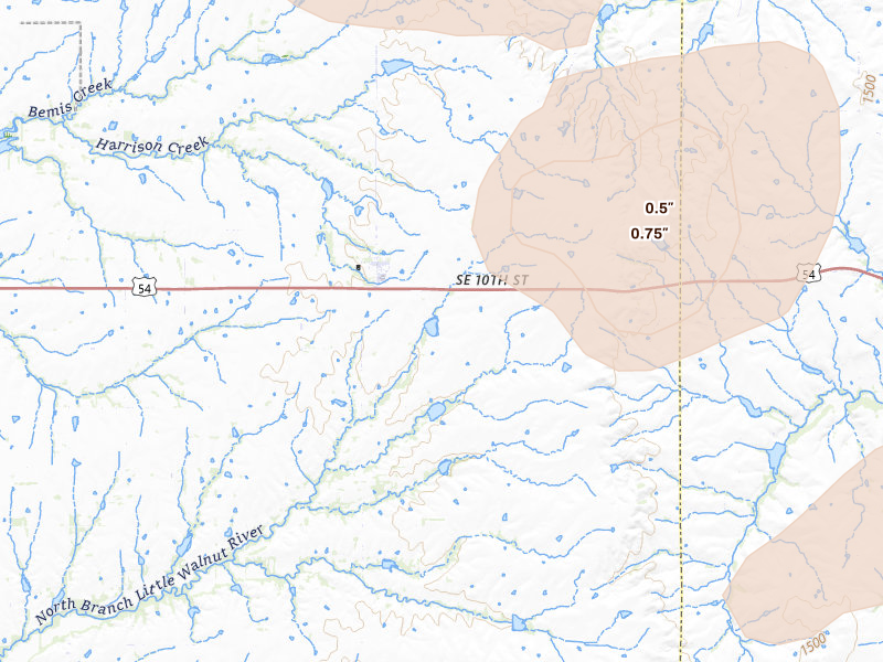 Radar-estimated hail-size map of the storm over Rosalia, KS on Jul 4, 2026