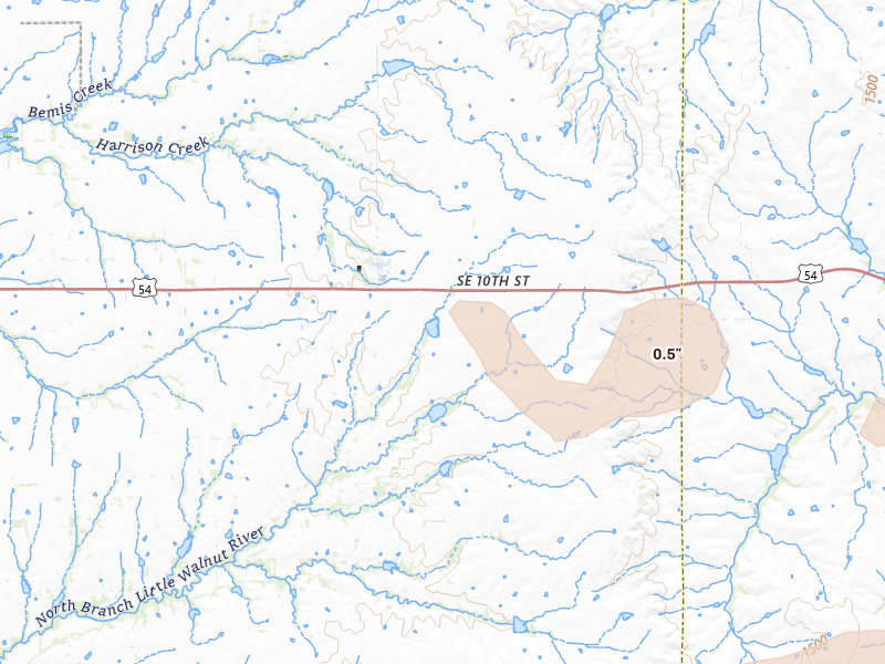 Radar-estimated hail-size map of the storm over Rosalia, KS on Jul 10, 2026
