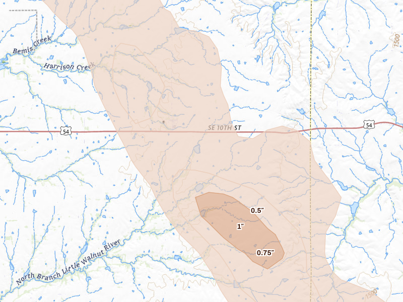 Radar-estimated hail-size map of the storm over Rosalia, KS on Aug 7, 2026