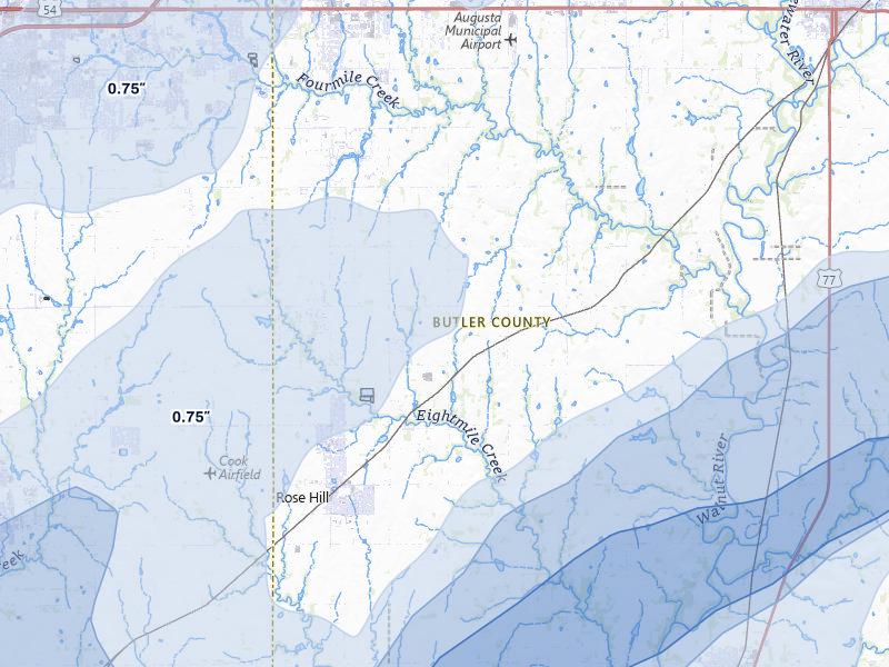 NEXRAD radar-signature map of the hail over Rose Hill, KS