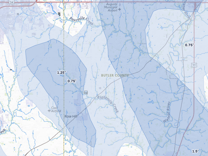 NEXRAD radar-signature map of the hail storm over Rose Hill, KS on Jun 25, 2026