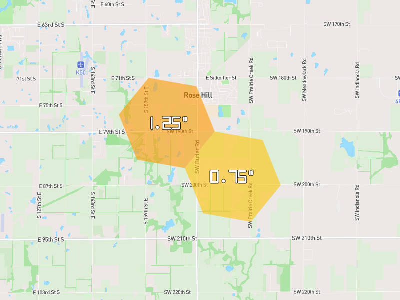 Hail map of Rose Hill, KS on Jun 26, 2026, hail up to 1.25"