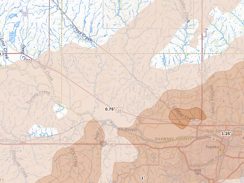 Radar-estimated hail-size map of the storm over Rossville, KS on Apr 26, 2026