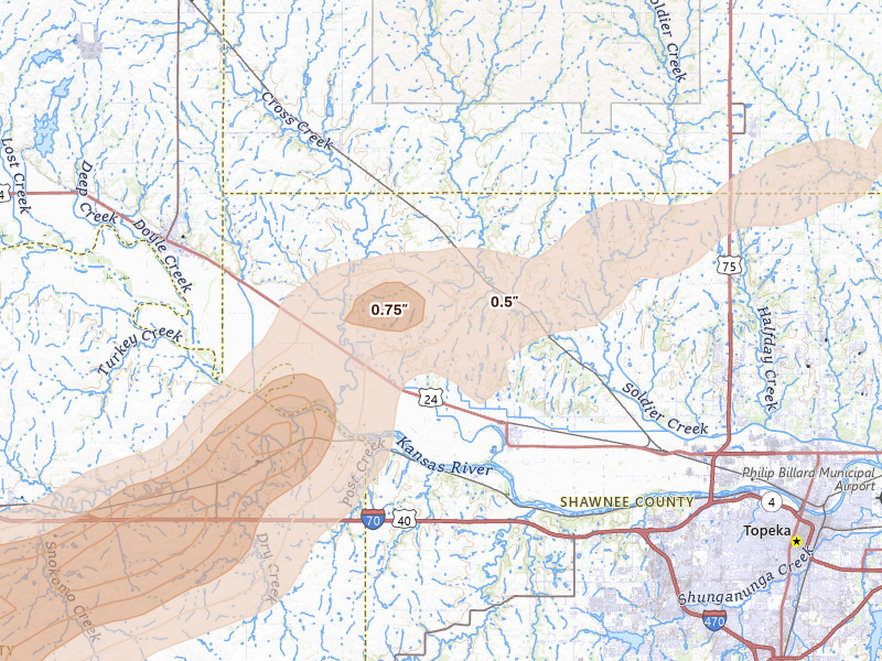 Radar-estimated hail-size map of the storm over Rossville, KS on May 31, 2026