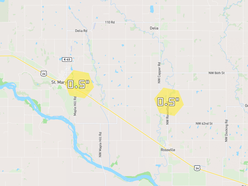 Hail map of Rossville, KS on Jun 9, 2026, hail up to 0.5"