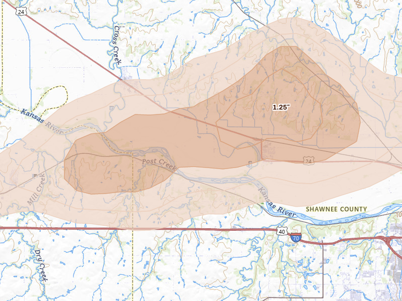Radar-estimated hail-size map of the storm over Rossville, KS on Aug 14, 2026