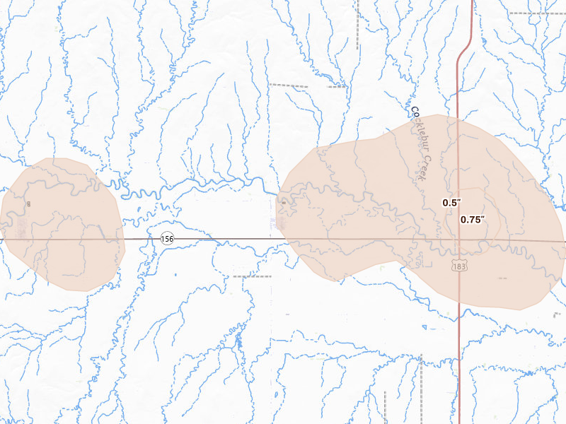 Radar-estimated hail-size map of the storm over Rozel, KS on Jun 1, 2026