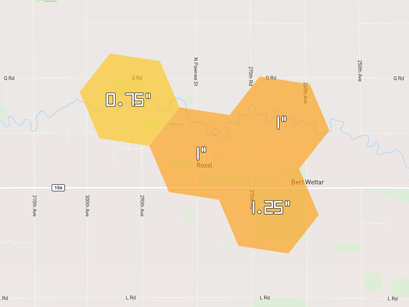 Hail map of Rozel, KS on Jun 2, 2026, hail up to 1.25"