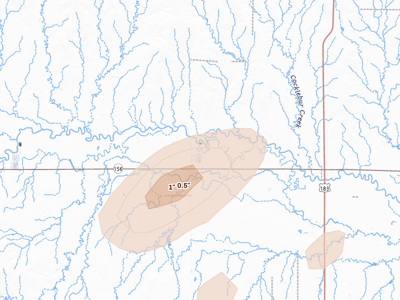 Radar-estimated hail-size map of the storm over Rozel, KS on Jul 9, 2026