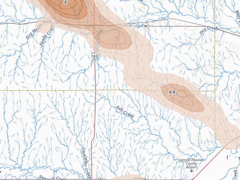 Radar-estimated hail-size map of the storm over Rush Center, KS on Apr 25, 2026