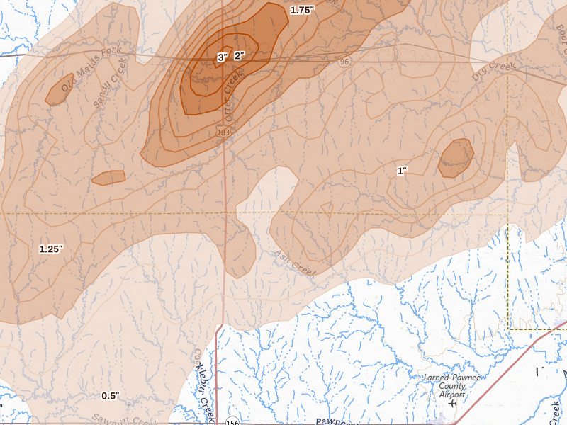 Radar-estimated hail-size map of the storm over Rush Center, KS on May 17, 2026