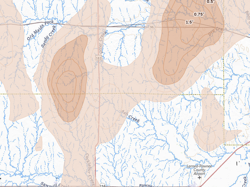Radar-estimated hail-size map of the storm over Rush Center, KS on May 30, 2026
