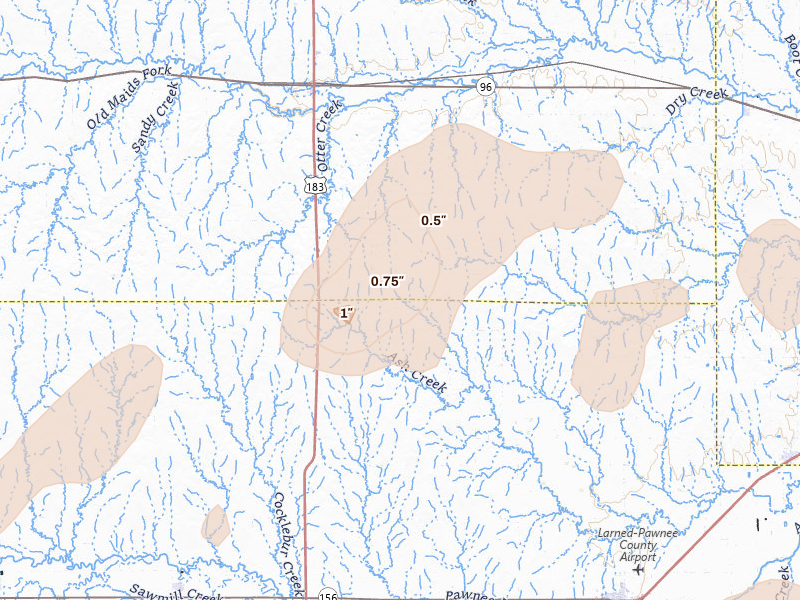 Radar-estimated hail-size map of the storm over Rush Center, KS on Jun 9, 2026